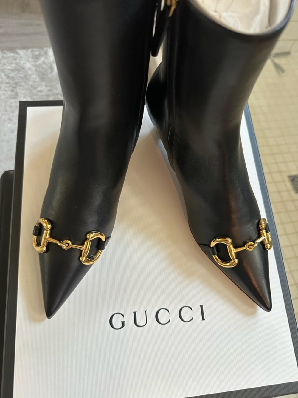 Gucci Black Leather Ankle Boots with Gold Horsebit - Picture 2 of 2